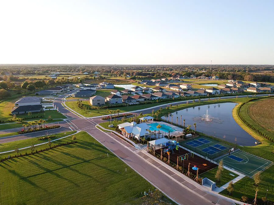 Aerial of amenities and houses at Aviary at Rutland Ranch in Parrish, FL